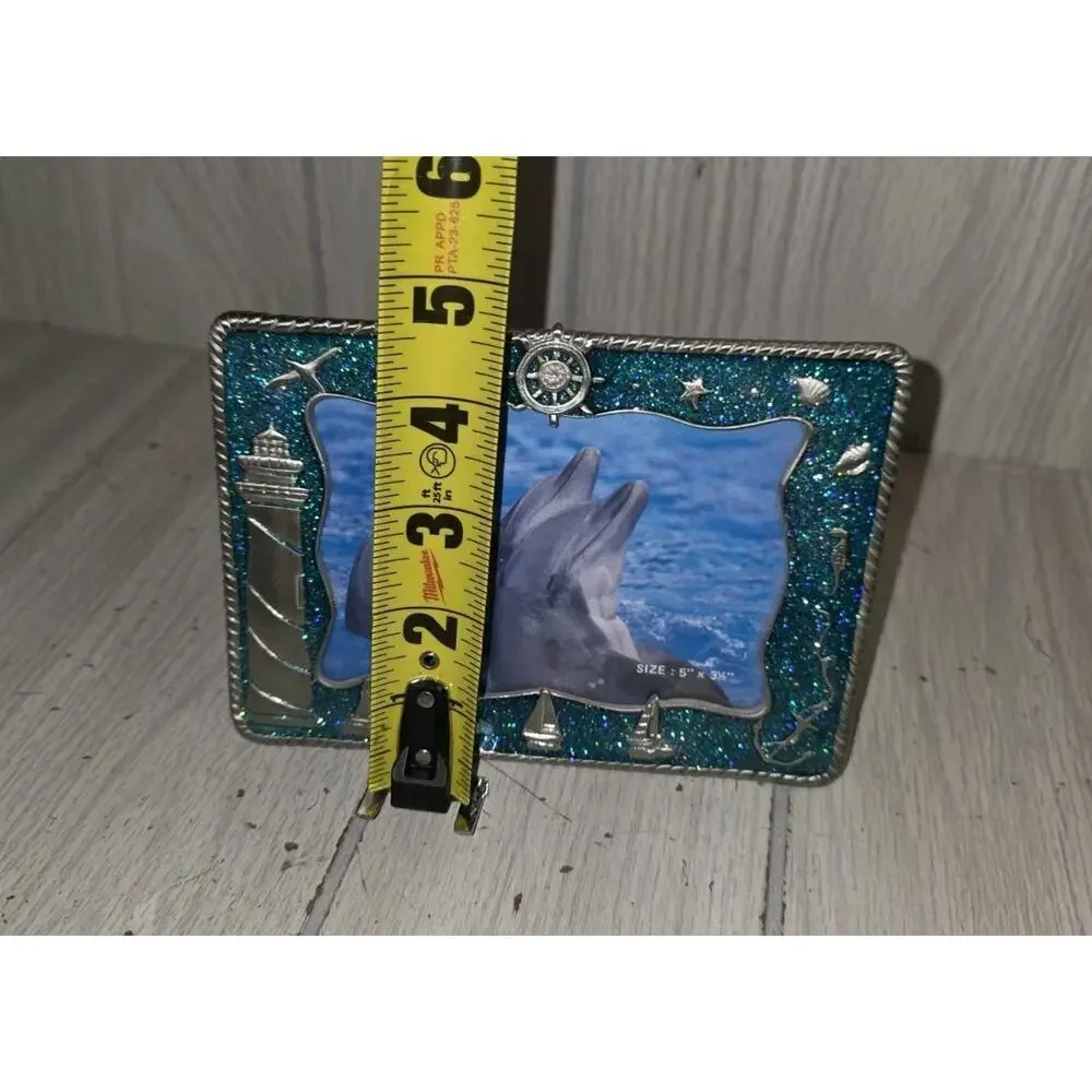 Pewter And Enamel Nautical Dolphins Picture Frame 3.5x 5 Lighthouse Seagulls